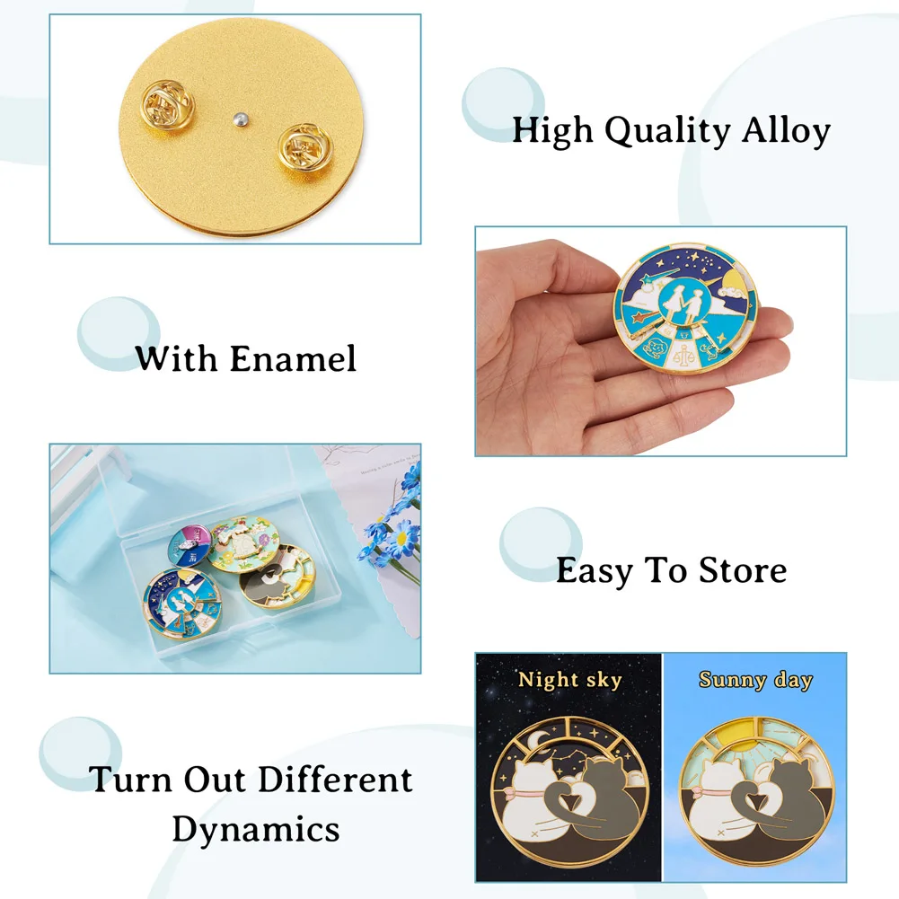 4pcs Rotating Enamel Brooch Pins Elephant Cat Kids Gold Plated Alloy Flat Round Badges for Backpack Clothes DIY Making Supplies