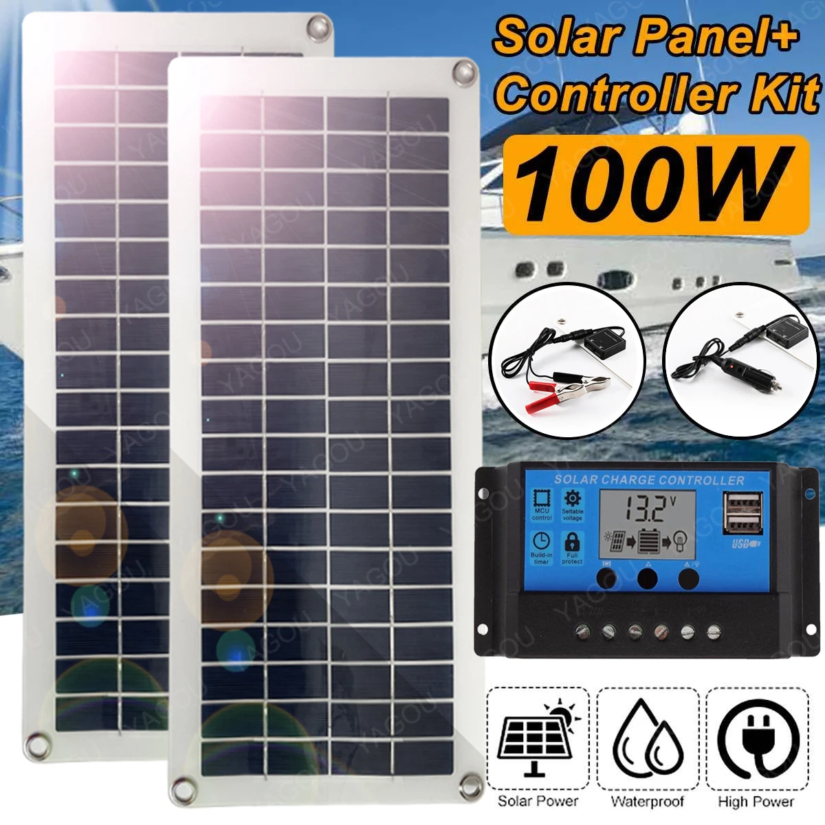 

100W Solar Panel Kit Dual 12V USB With 30A/60A Controller Solar Cells Poly Solar Cells for Car Yacht RV Battery Charger Outdoor