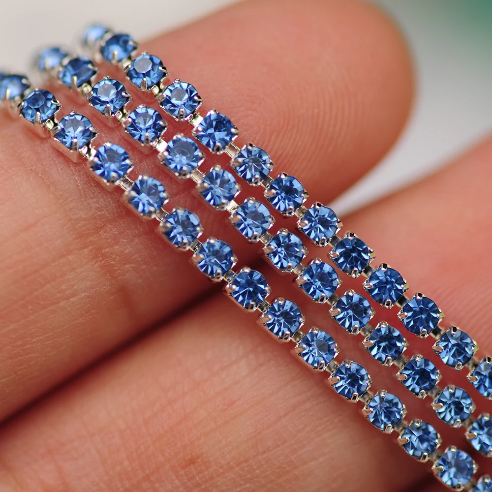 

SS6,8,10,12 10m Light Sapphirine crystal rhinestone cup chain silver setting decoration trim applique sewing on Crystals