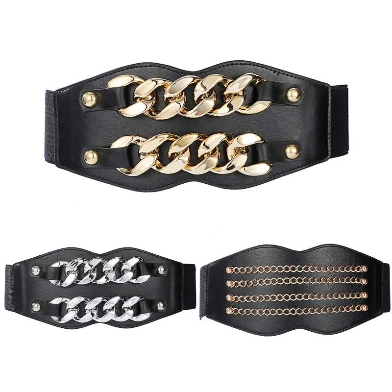 

CPDD Vintage Women PU Leather Chain Elastic Wide Belt Strap Solid Color Waistband Waist Corset for Women Slimming Belt