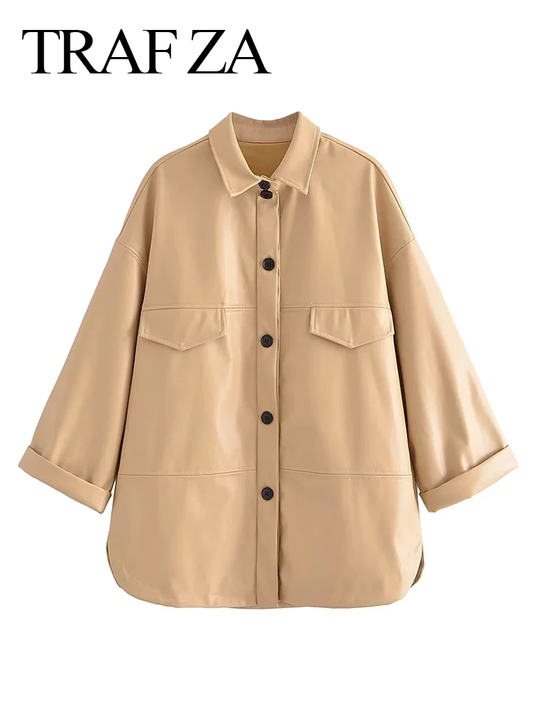 

TRAF ZA Fashion Versatile Beige Lady Coat Thin Soft Workwear Pocket Leather Jacket Long Sleeve Single Breasted Women Clothing
