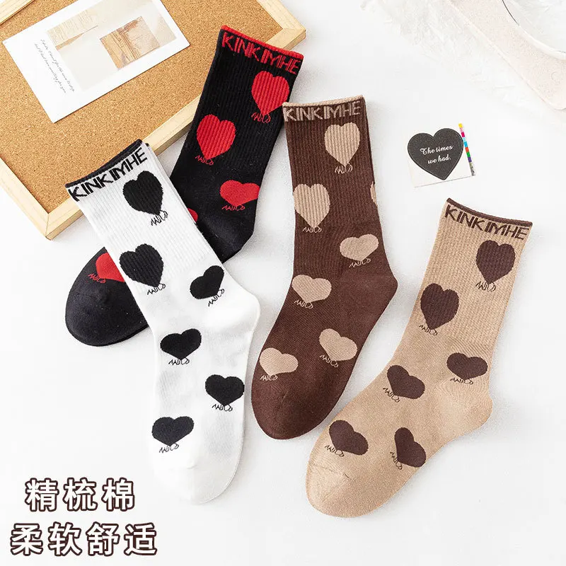 

3 Pairs New Winter Fashion Casual Love Socks Soft Foreign Style Combed Cotton High Tube Women's Socks Trend