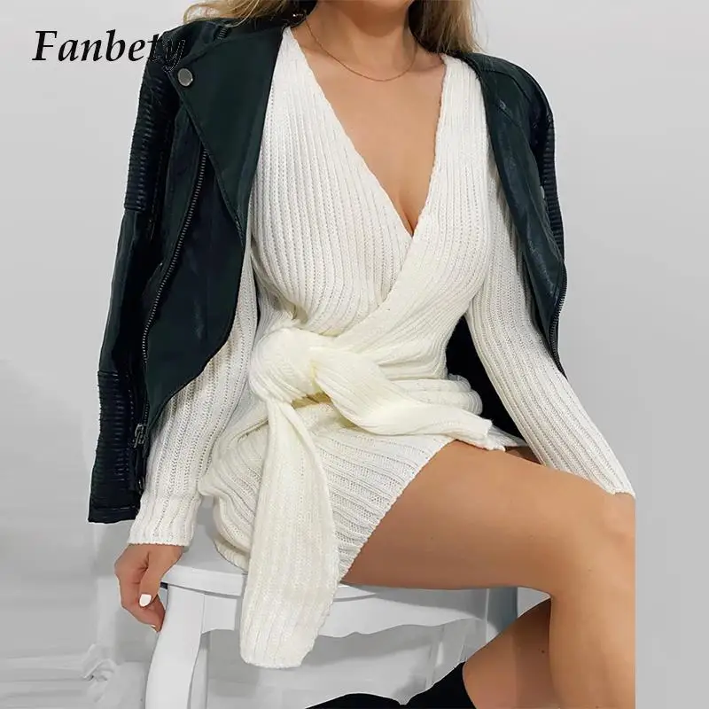 

Elegant White Kniited Sweater Dress For Women Fashion Simple Tie-Up V-Neck Slim Mini Dress Casual Long Sleeve Early Spring Dress
