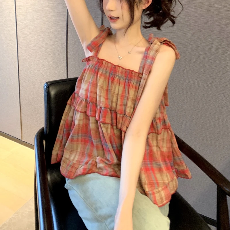 Женское винтажное платье в клетку Mori Girl красное повседневное свободное пляжное