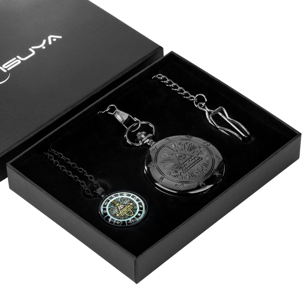Pocket Watch Sets Weird Town Triangle One-eyed Devil Cover Quartz Fob Chain Pocket Clock Collected Necklace Pendant Gift Set