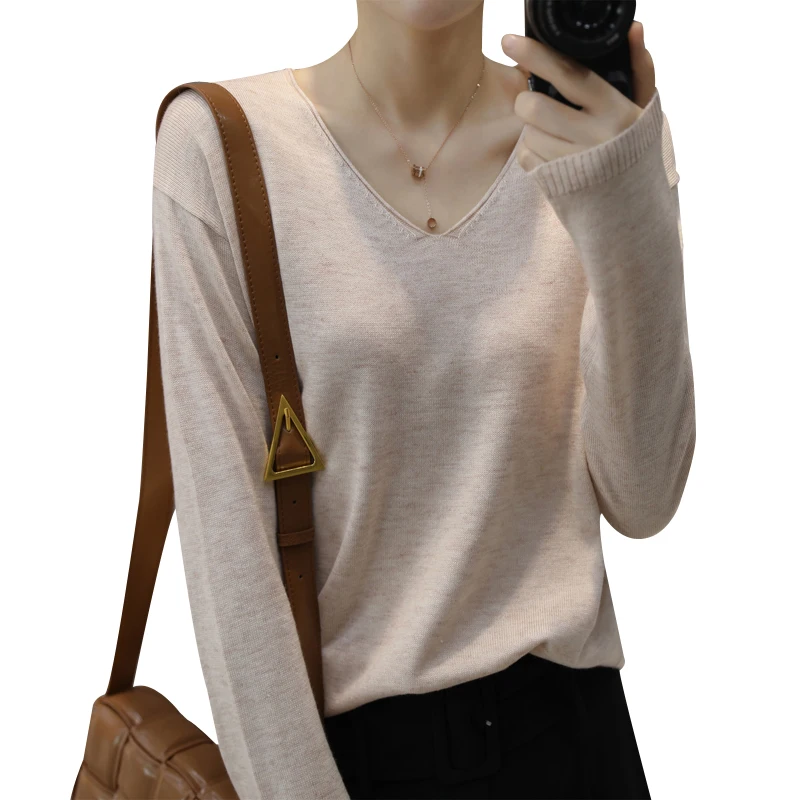 

V-neck sweater women long-sleeved short knitted sweater fall spring thin bottoming shirt top