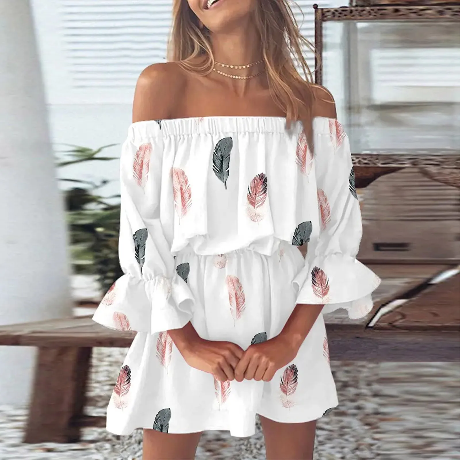 

Sexy One Neck Floral Mini Dress Women Summer Half Sleeve Casual Bohemia Print Beach Sundress Fashion Party Dresses For Women's