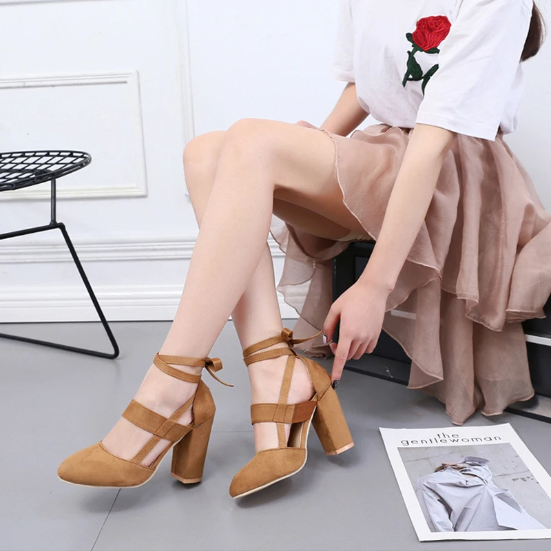 

Ladies Wedding Party Shoes Women Sandals 10cm High Heel Pumps Square Heel Buckle Strap Fashion Female Sandals Big Size 42
