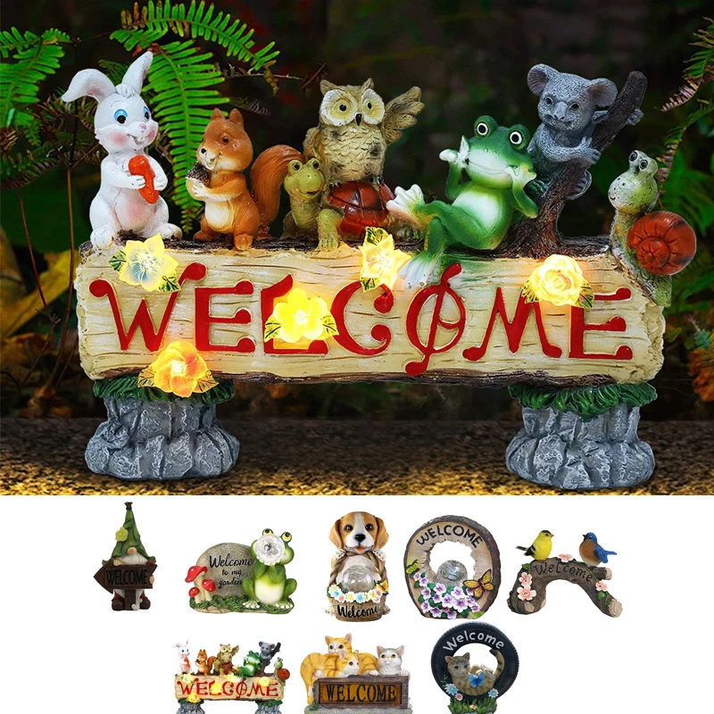 

Solar Light Welcome Sign Garden Statue Lawn Ornaments Resin Frog Dog Birds Cats Figurines Landscape Decor for Garden Courtyard