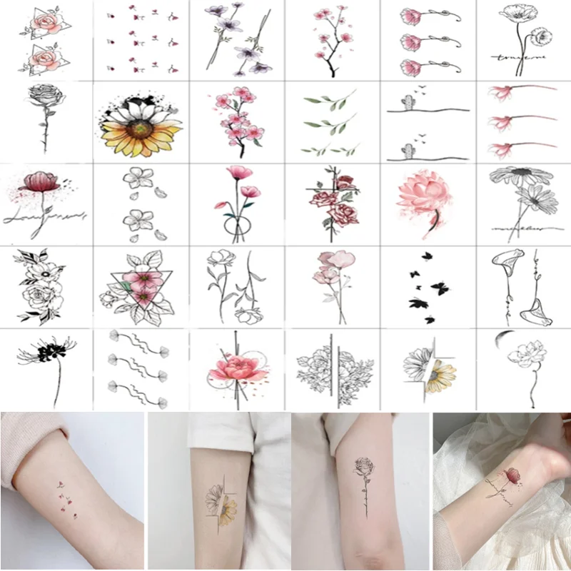 30pcs/set Women Temporary Tattoo Waterproof Blossom Sunflower Fake Transfer Tattoo for Girls Hands Arm Leg Body Tatouage Femme