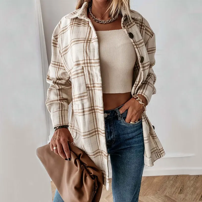 

Autumn Plaid Jacket Women Overshirt Loose Winter Checkered Jacket Female Long Sleeve Shirt Jacket for Women 2021