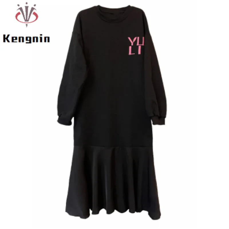 

New2022 Autumn Winter Women Hoodies Dresses Loose Plus Size Print Patchwork Long Sleeve Black T-Shirt Dress Lady Vestido KE2979