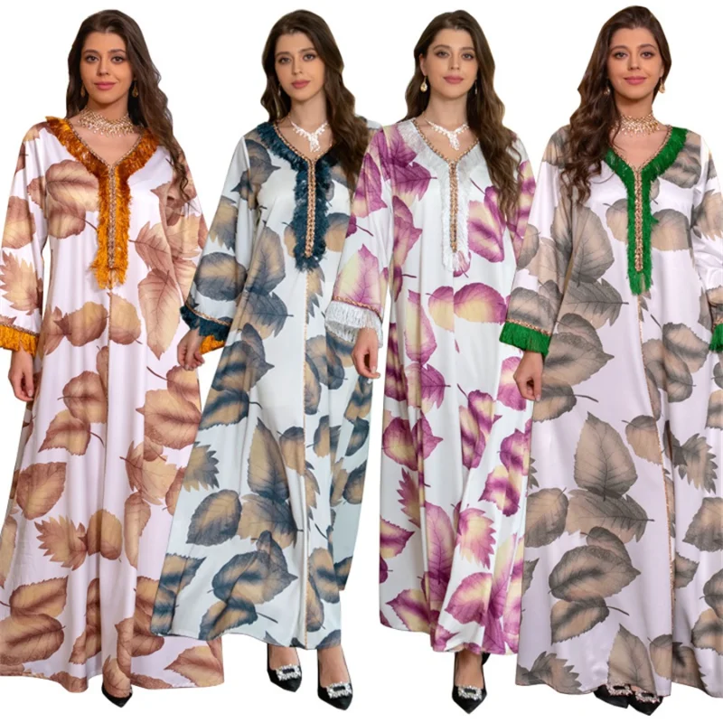 Moroccan Jalabiyas Fashion Big Leaf Print Muslim Rhinestone Tassel Tape Trim Dubai Turkey Abaya Dress Corban Eid Al Adha 2023