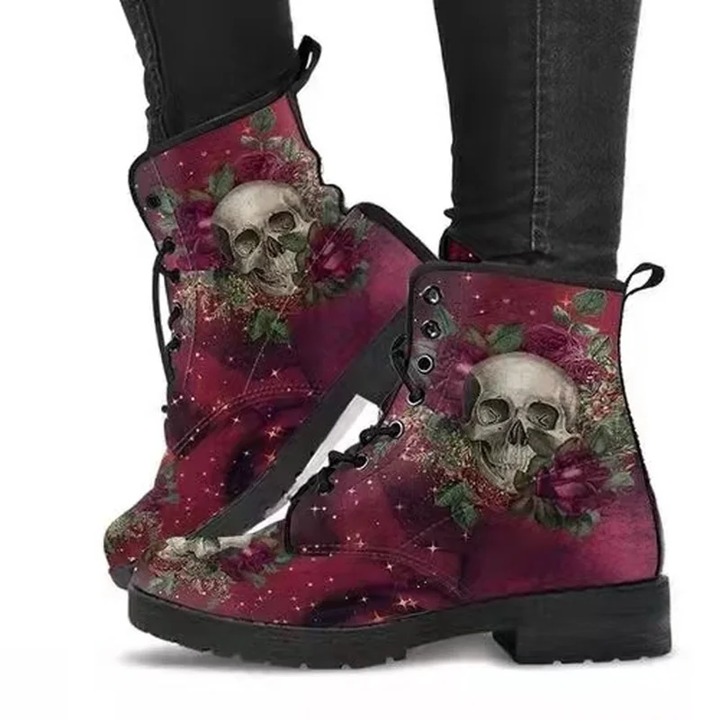 2022 Women Ankle Boots Low Heels Shoes Woman Vintage Pu Leather Autumn Warm Winter high Snow Boots Motorcycle Skull Pansy