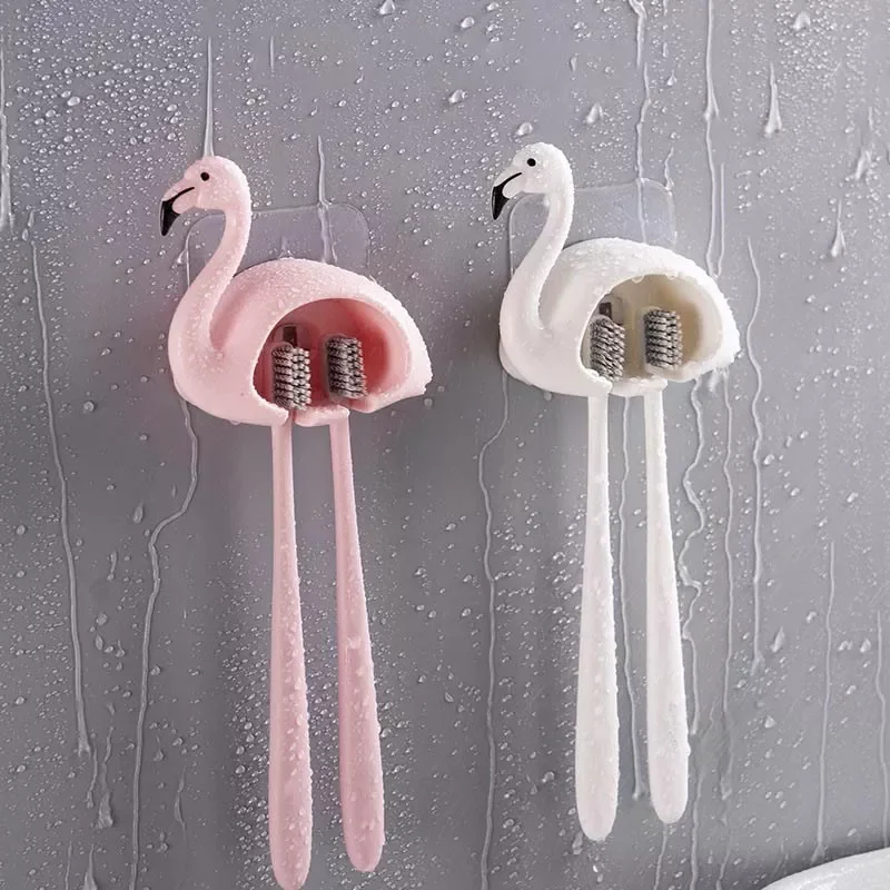 

2022 Toothbrush Holder Sucker Flamingo Shaped Bathroom Accessories 2 Position 1Pcs Cute Wall Mount Toothbrush Rack Organizer