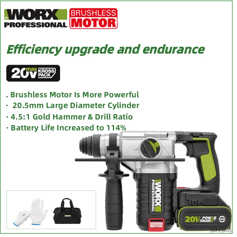 

WORX WU388 20V Battery Brushless Motor With 3 Mode 24MM Impact Rotary Hammer