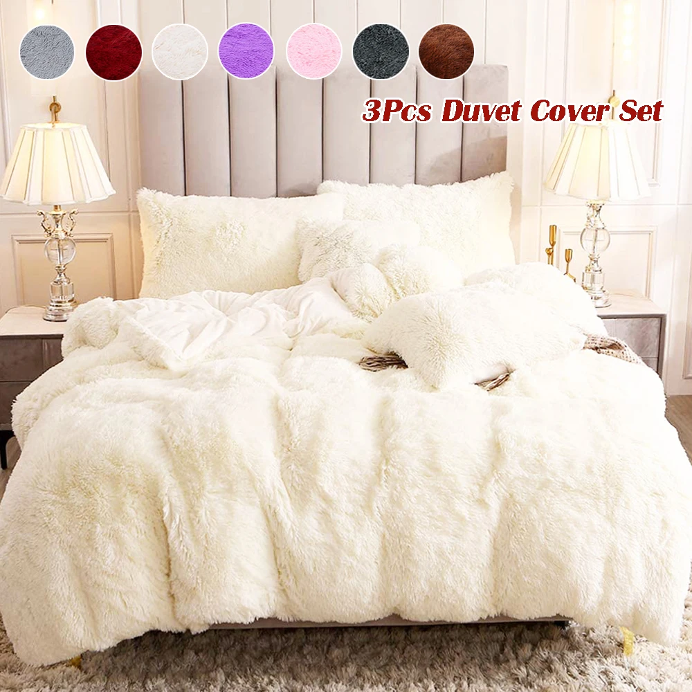 3pcs/set modern luxurious fluffy faux fur duvet cover with pillowcase solid color cozy long plush winter bed sets without sheet