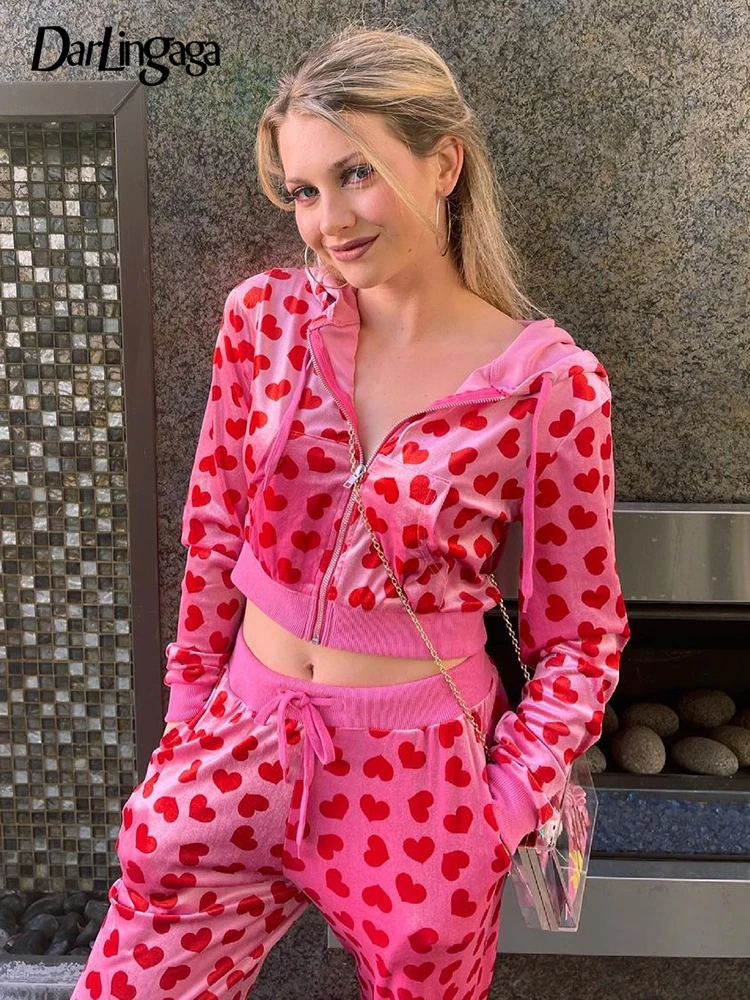 

Darlingaga Fashion Heart Print Velour Tracksuit Women Two Piece Set Cropped Hoodie and Long Pants Sets Autumn Sportswear Outfits