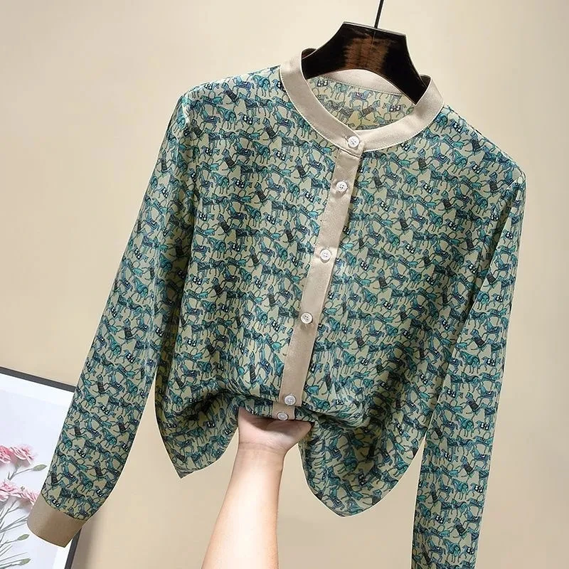 

Chiffon Women's Beautiful Blouse Long Sleeve T-Shirt Chic Stand Collar Green Printing Design Casual Loose Spring Autumn