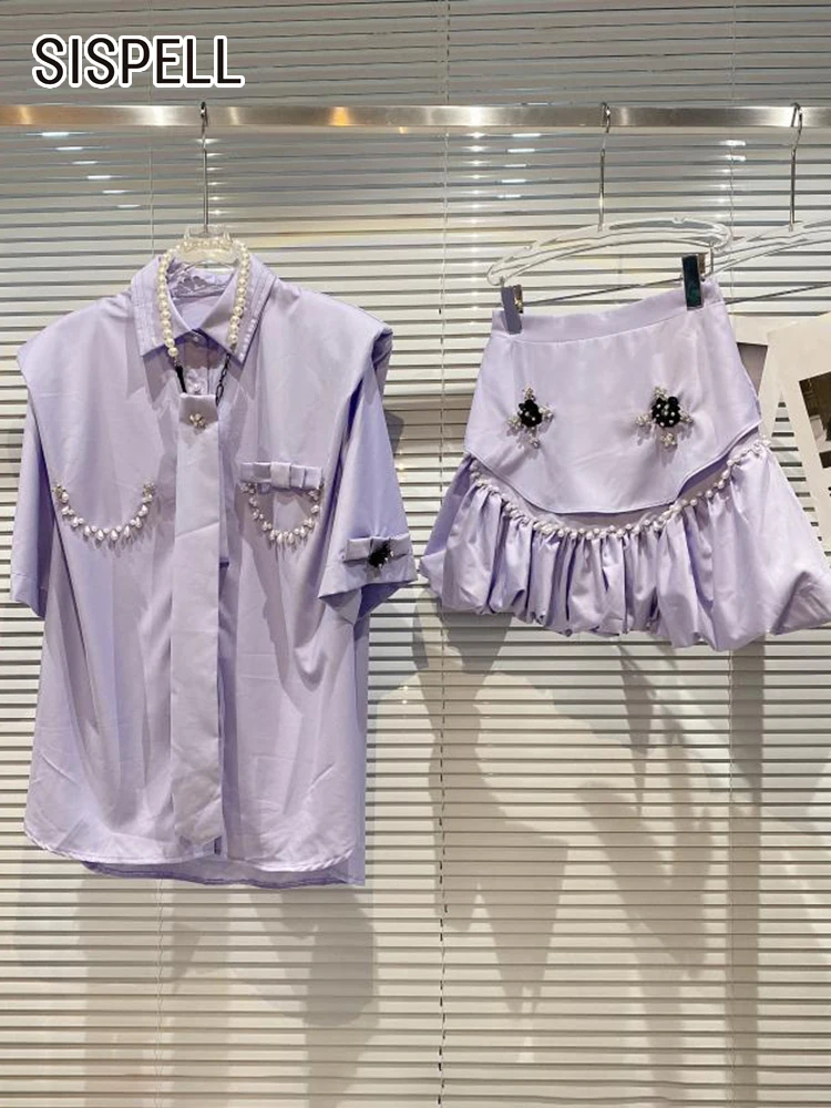SISPELL Purple Two Piece Set Womens Lapel Long Sleeve Tops High Wiast Bud Mini Skirts Female Korean Fashion Clothing Style New enlarge