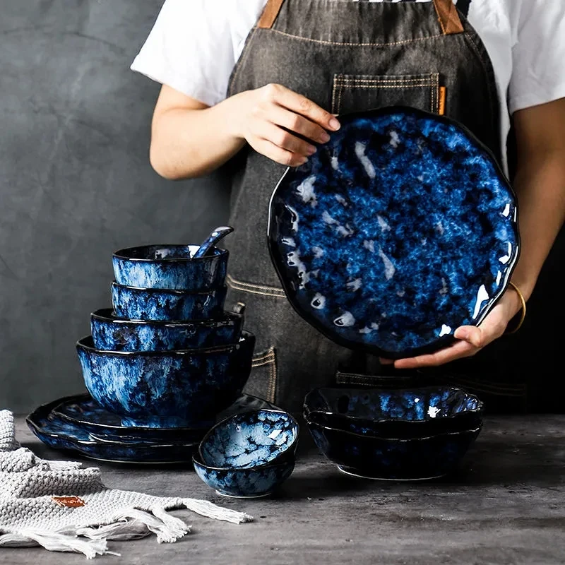 

Nordic Blue Vintage Tableware Set Kiln Glazed Ceramic Rice Salad Round Dish Dinner Plate Bowl Dinnerware Set microwave safe