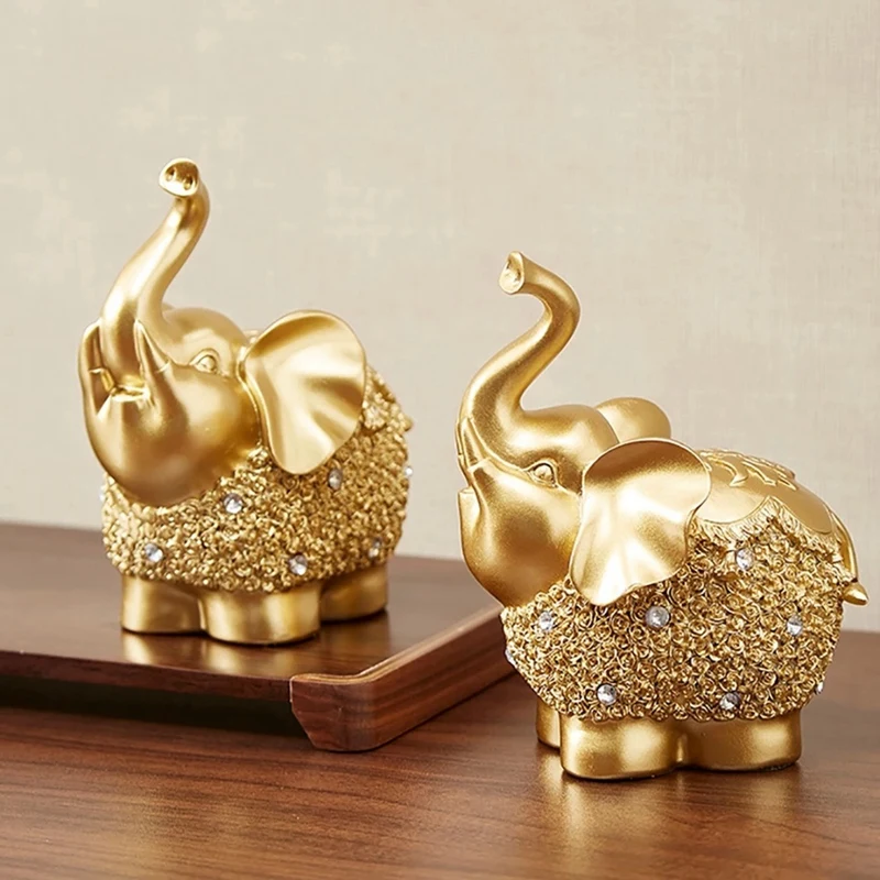 

AT69 -Gold Feng Shui Figurines for Indoor Animal Statues Home Accessories Living Room Decoration Resin Elephant Ornament