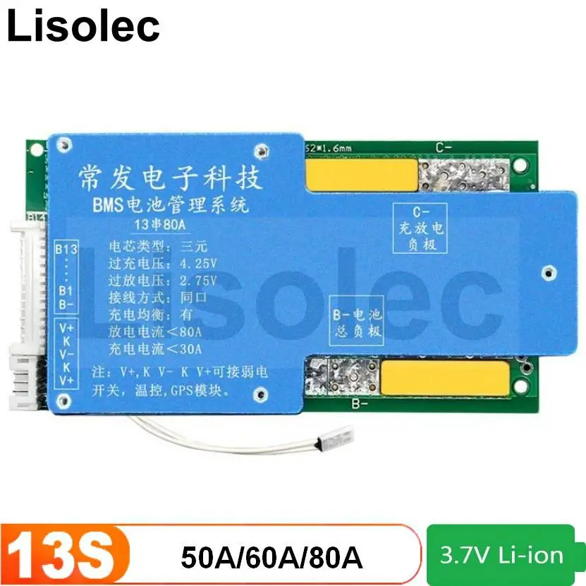 

Балансировочная плата BMS 13S 48 В, 50 А, 60 А, 80 А, защитная плата, эквалайзер, схема зарядки, модуль пластин PCB PCM с контролем температуры