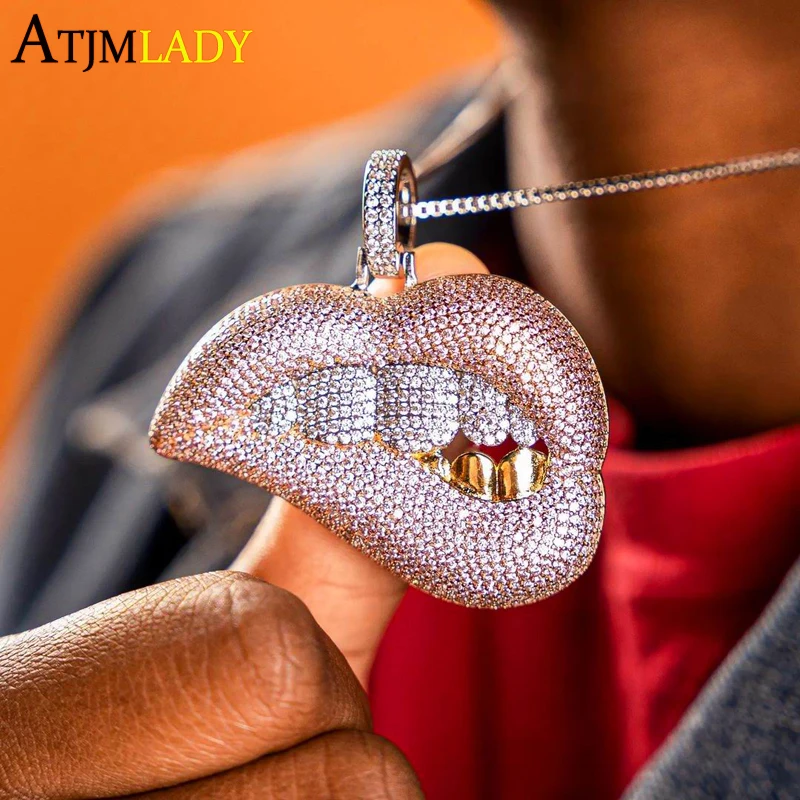 

Микро проложить прозрачный розовый фианит большой поддон подвеска губы ожерелье для женщин в стиле хип-хоп, цепи из нержавеющей стали 5 мм CZ ...