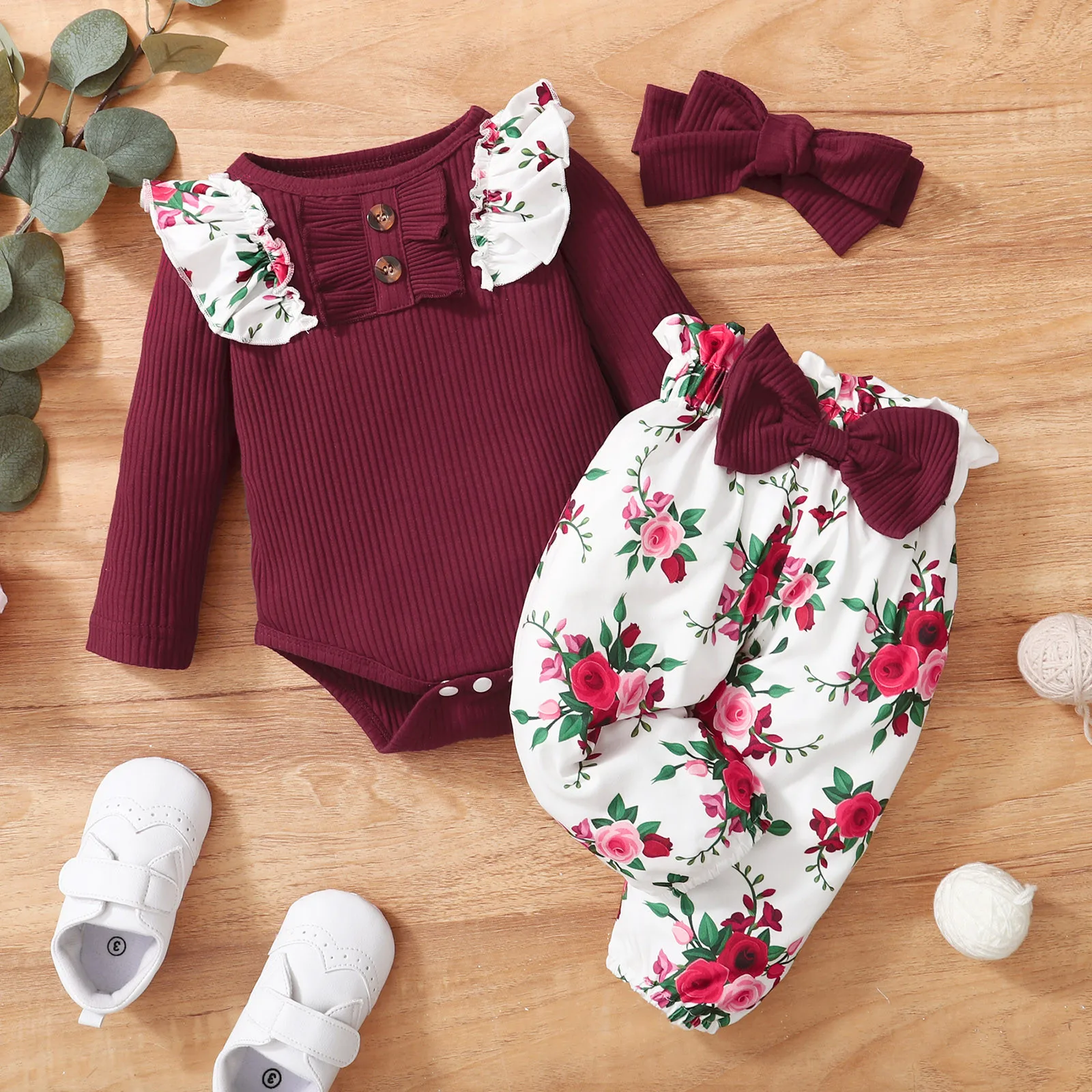 

3pcs Baby Girl Outfit Set Newborn Toddler Girls Clothes Ruffle Long Sleeve Romper Flower Print Bodysuit Pants Headband Infant