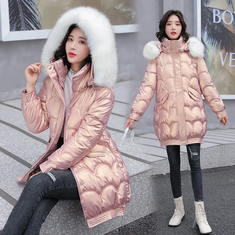 Winter Jackets 2023 Shiny Women's Parkas High Quality Fur Collar Mid-Lenth Parka Hooded Padded Cotton Jacket Casual Coats Female