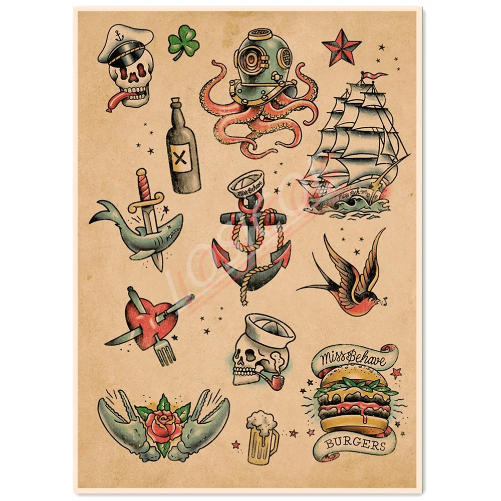 

Last Port Traditional Tattoo Art Poster and Prints Wall Art Mural Vintage Kraft Paper Painting Wall Stickers Bar Cafe Home Decor