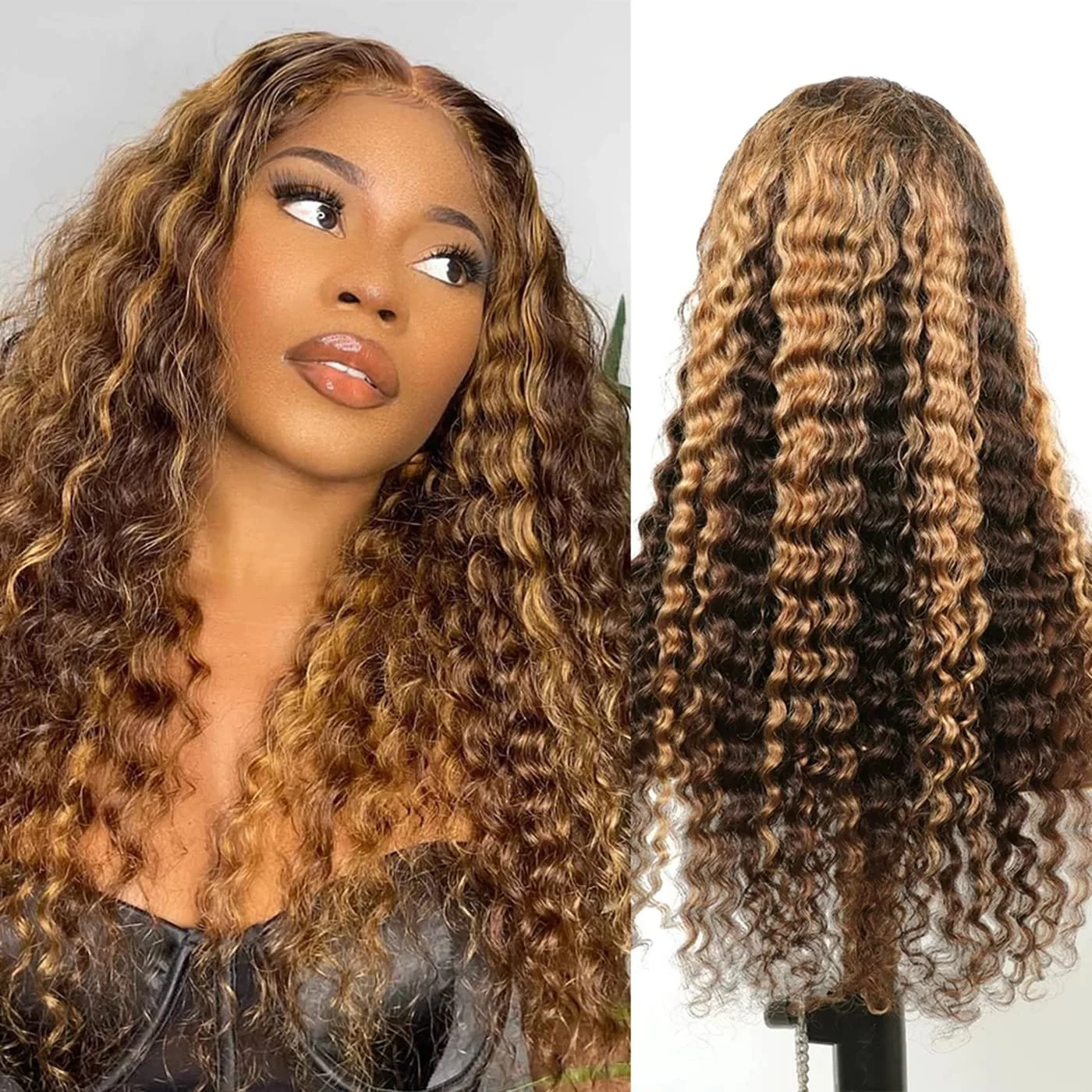 Honey Blonde Highlights Lace Front Wigs Human Hair Deep Wave Wigs Deep Curly 4x4 Lace Frontal Wigs for Black Women Pre Plucked