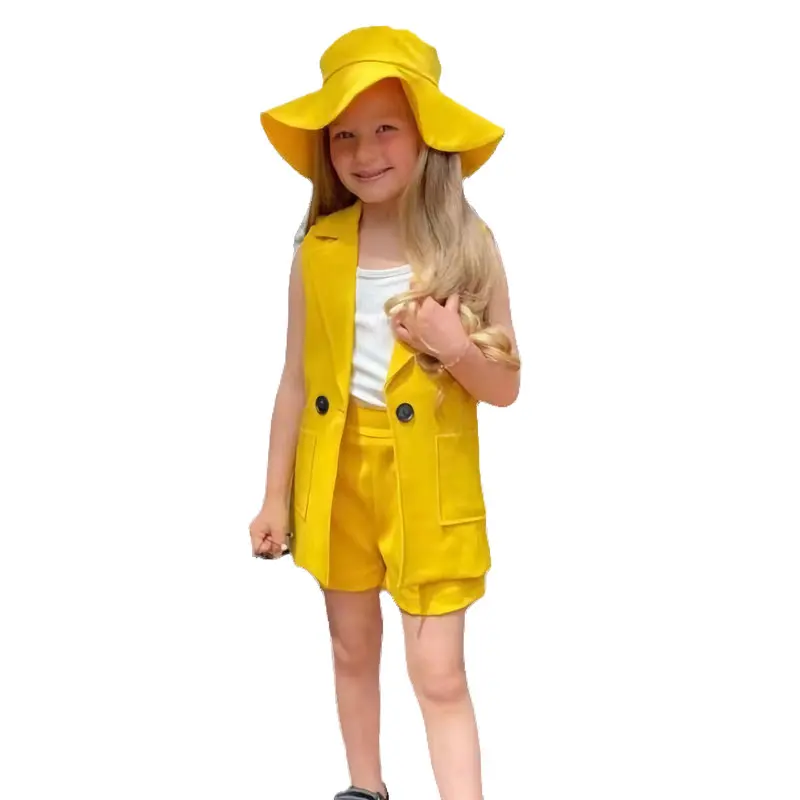 

1-13years Children's Girls Clothes Summer 2023 4pcs/sets Hat+Blazer Vest+Crop Tops+Shorts Pants Kids Baby Girl Clothing Outfits