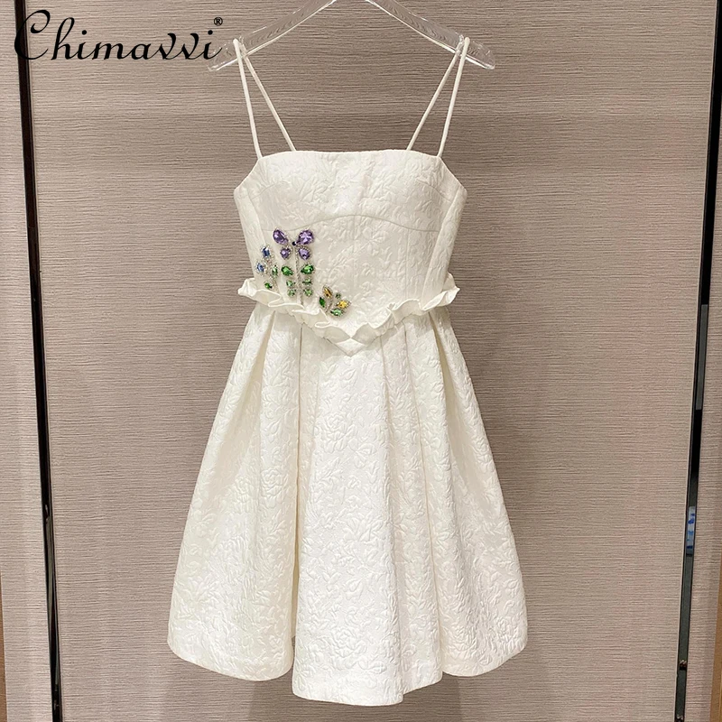 

Sweet Lotus Leaf Diamond-Embedded High Waist Slim Slip Dress Women 2022 Summer New French Sexy Off-Shoulder Lace Tube Top Dress