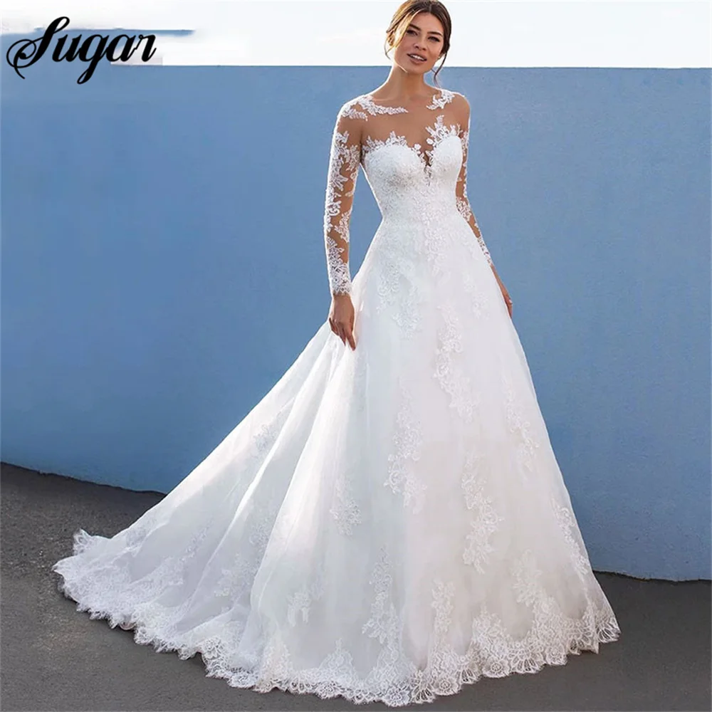 

Scoop Neck Wedding Dresses 2023 Long Sleeve Lace Appliques Bridal Gown Illusion Tulle Wedding Gown Button Vestido De Novia Train