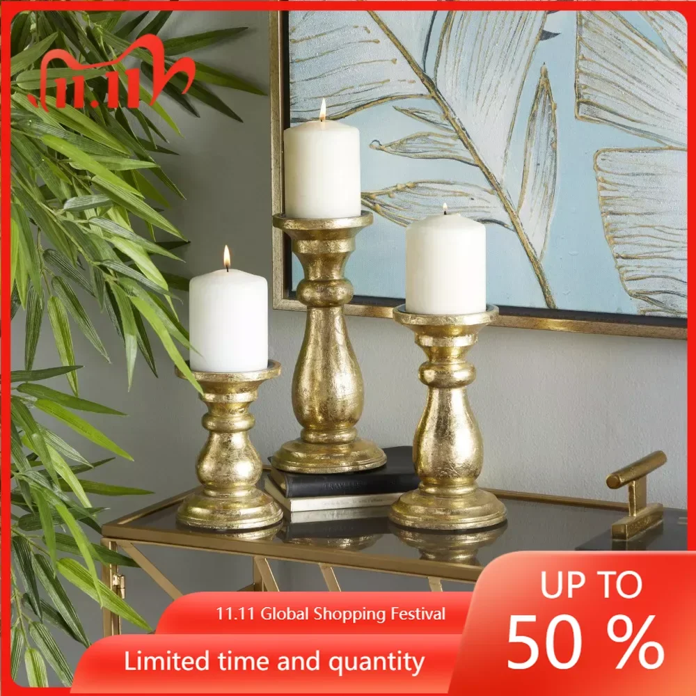 

Scented Aromatic Candles and Holders Set of 3 Candle Gold Mango Wood Turned Style Pillar Candle Holder Pedestal Decor for Home