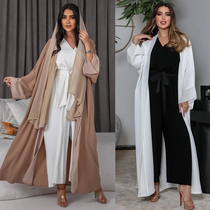 

Dubai Abaya Women Silky Chiffon Islamic Clothing Long Dress Muslim Saudi Abayas Kimono Modest Outwear Jumpsuit Cardigan Kaftan