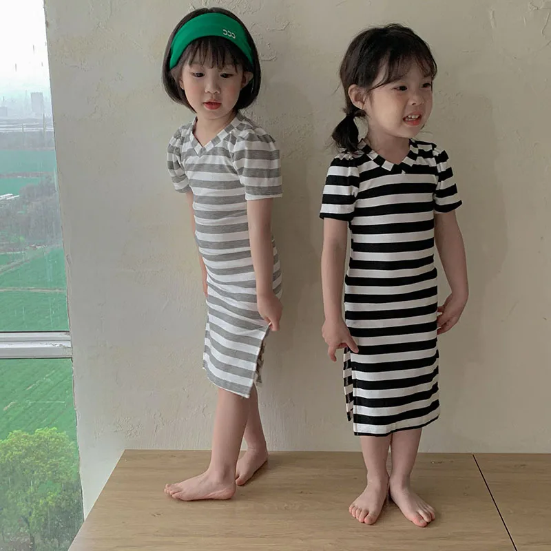 

HAYANA 2022 Summer Girls Clothes Elastic Slim Striped Slit Dress Toddler Short Sleeve Bottoming Dress