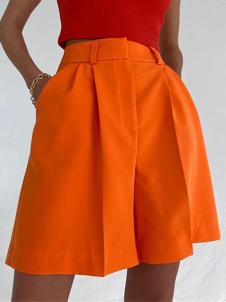 

Elegant High Waist Buttoned Short Pants 2022 Summer Casual Pocket Solid Shorts Women Fashion Loose Straight Trousers Streetwear