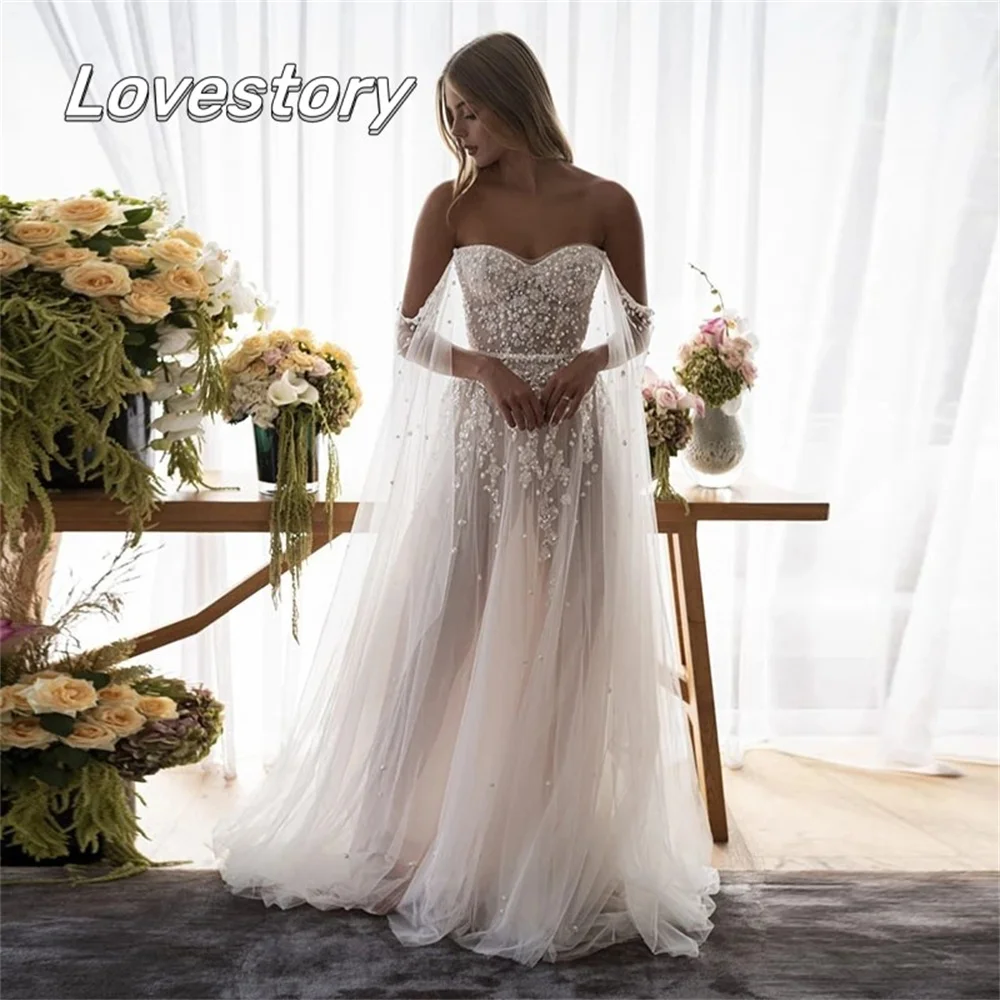 

Elegant A-Line Wedding Dresses Off Shoulder Beading With Pearl Appliques Bridal Gown Sweetheart Boho Backless Vestidos De Noiva