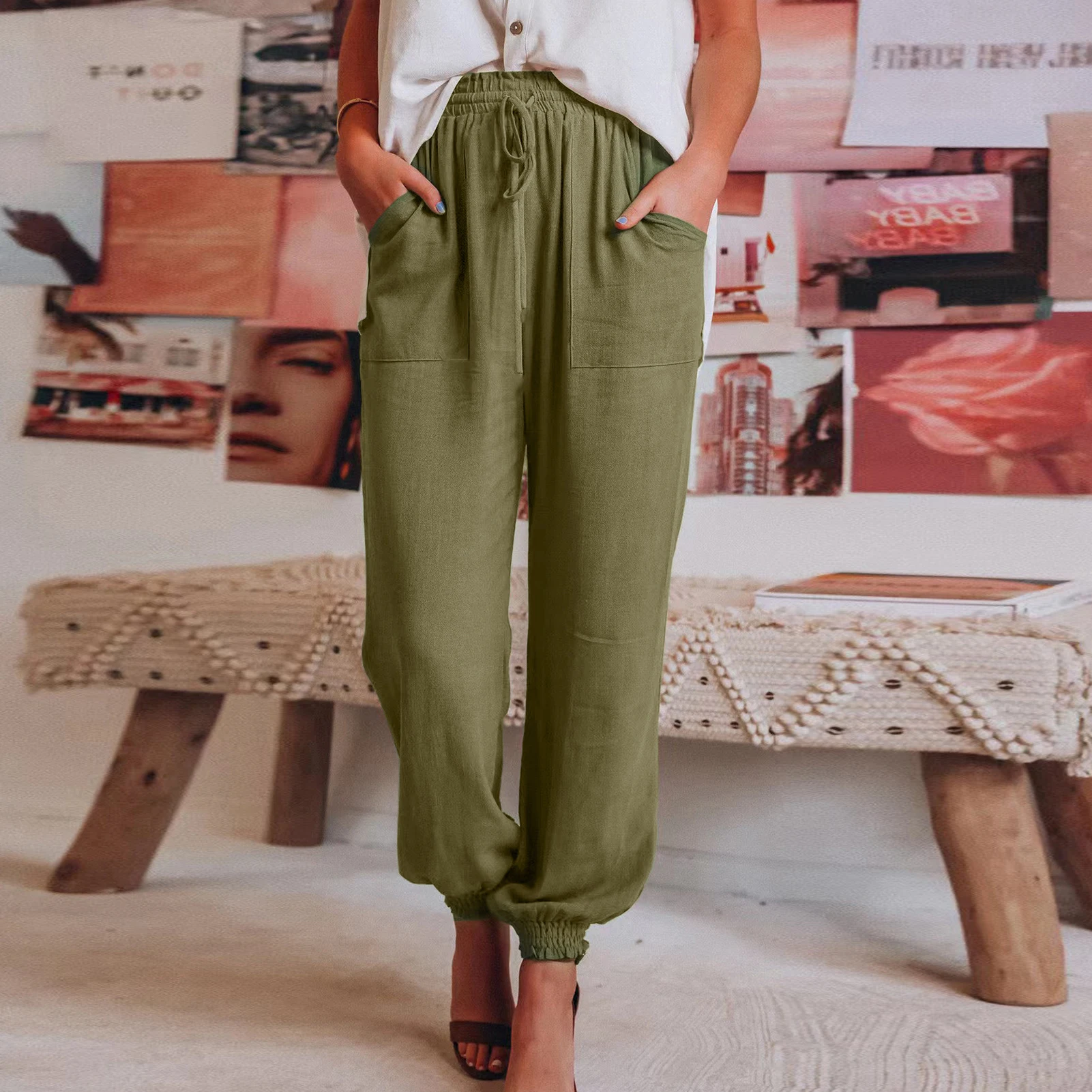 

Women Harem Pants Harajuku Simple Elegant Temperament Joggers Pants with Pocket Wide Leg Drawstring High Waisted Long Pants