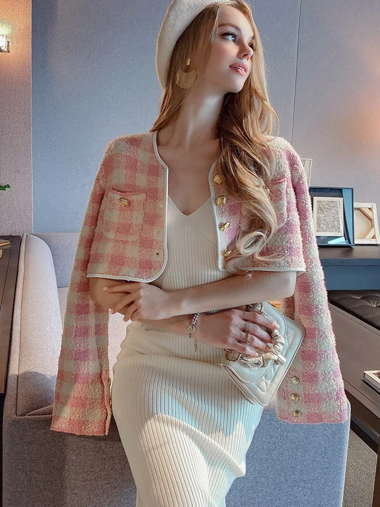 

Dabuwawa Spring Autumn Female Trend Effortless Chic Check Binding Knitted Long Sleeve Cardigan Short Sweater 2023 DF1CZK019