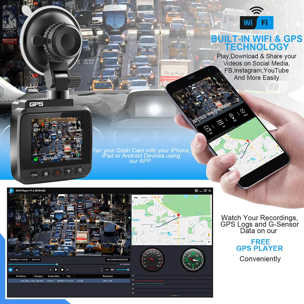 Автомобильный видеорегистратор 2K, 60 кадров в секунду, супер ночное видение, четырехъядерный UHD 2304*1296P 170 °, Автомобильный видеорегистратор с GPS, режимом парковки, G-сенсором, поддержкой карт 128 ГБ