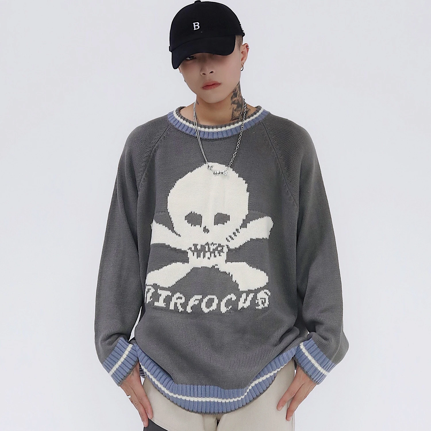 

Men Skull Knitted Sweater Japanese Streetwear Cotton Pullover