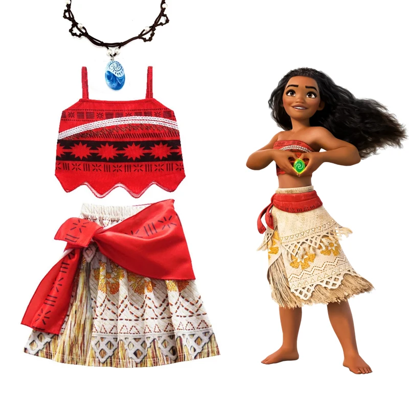 Disney Kids Girls Clothes Cosplay Costumes Moana Princess Dress Vaiana Adventure  Beach Outfit Halloween Party Necklace Set