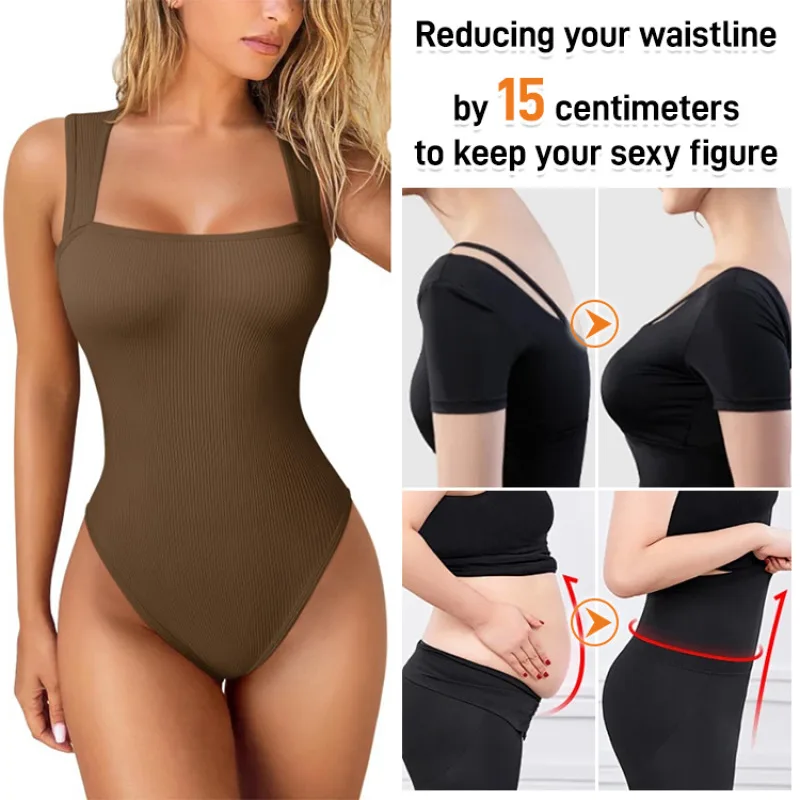 Летний облегающий комбинезон в рубчик с квадратным вырезом обтягивающий жилет