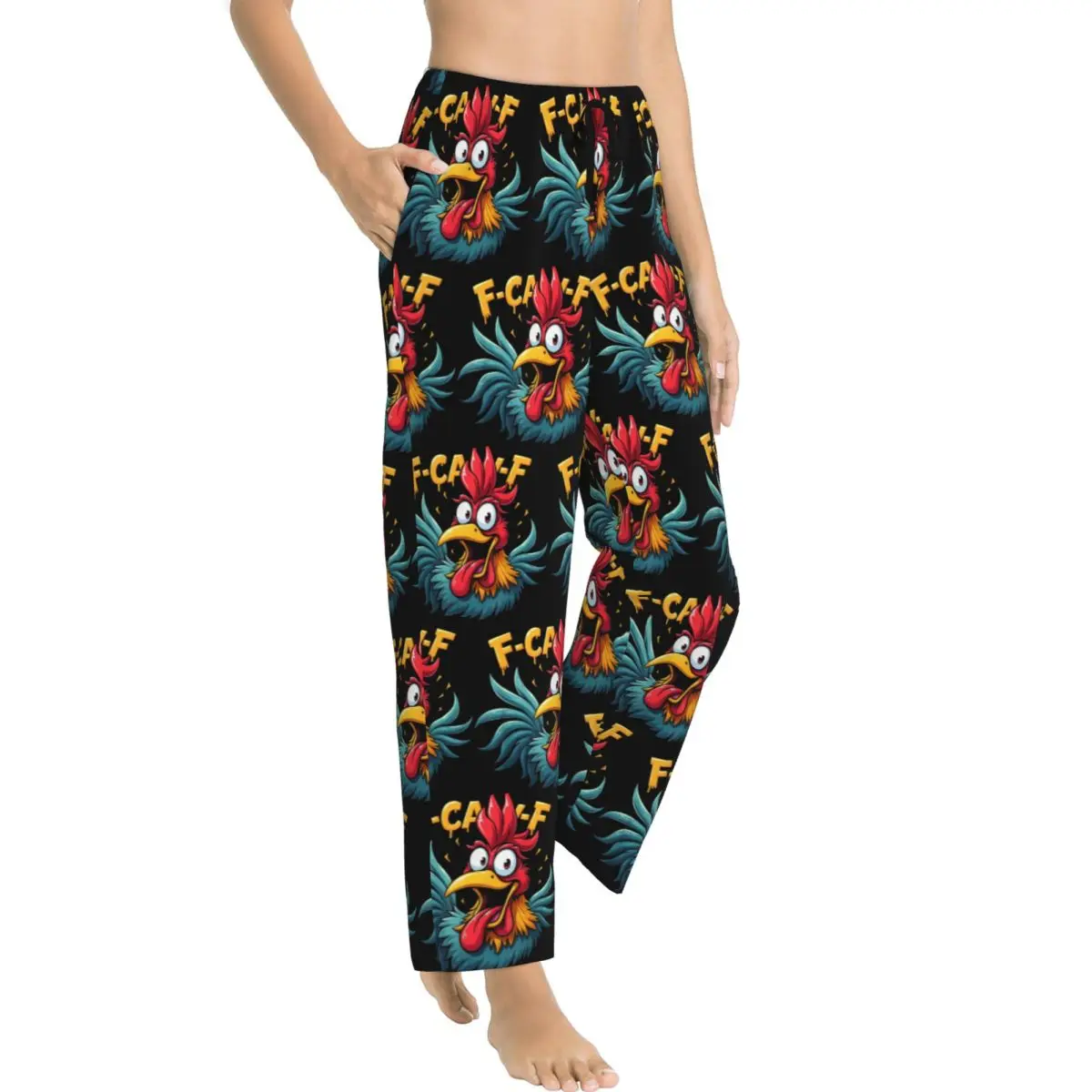 Фото Женские пижамные штаны с забавным принтом F-Caw-F Chicken - штаны для отдыха FCAWF Chicken Lounge Pants с карманами, нижняя часть пижамы для общежития №2