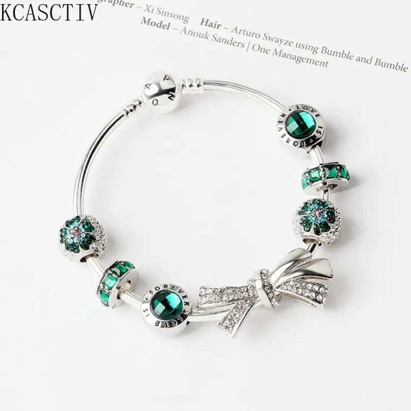 Wholesale New Diamond Bow Luxury Bracelet Green Beaded Snake Bone Women Charm Pandora Bracelet