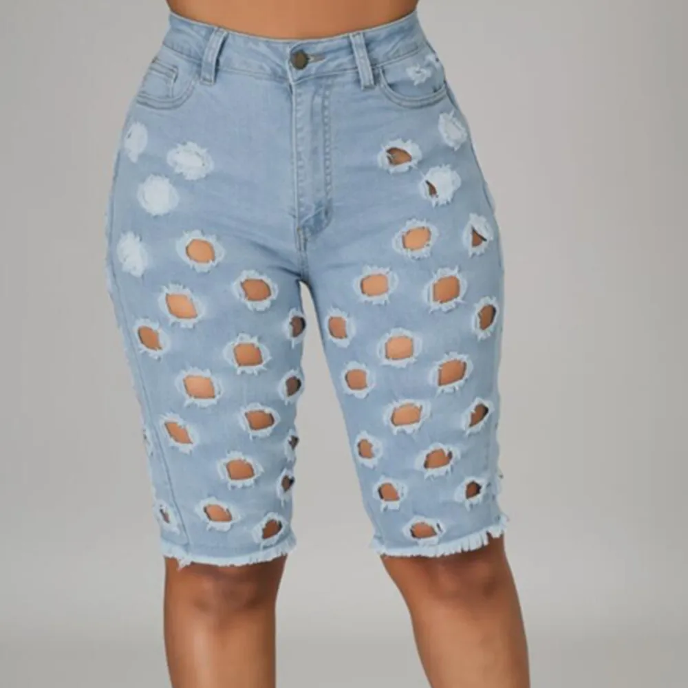 

New Arrival Casual Summer Denim Women Shorts High Waist Wide Leg Jean Shorts Femme Sexy Hollow Out Short Pants