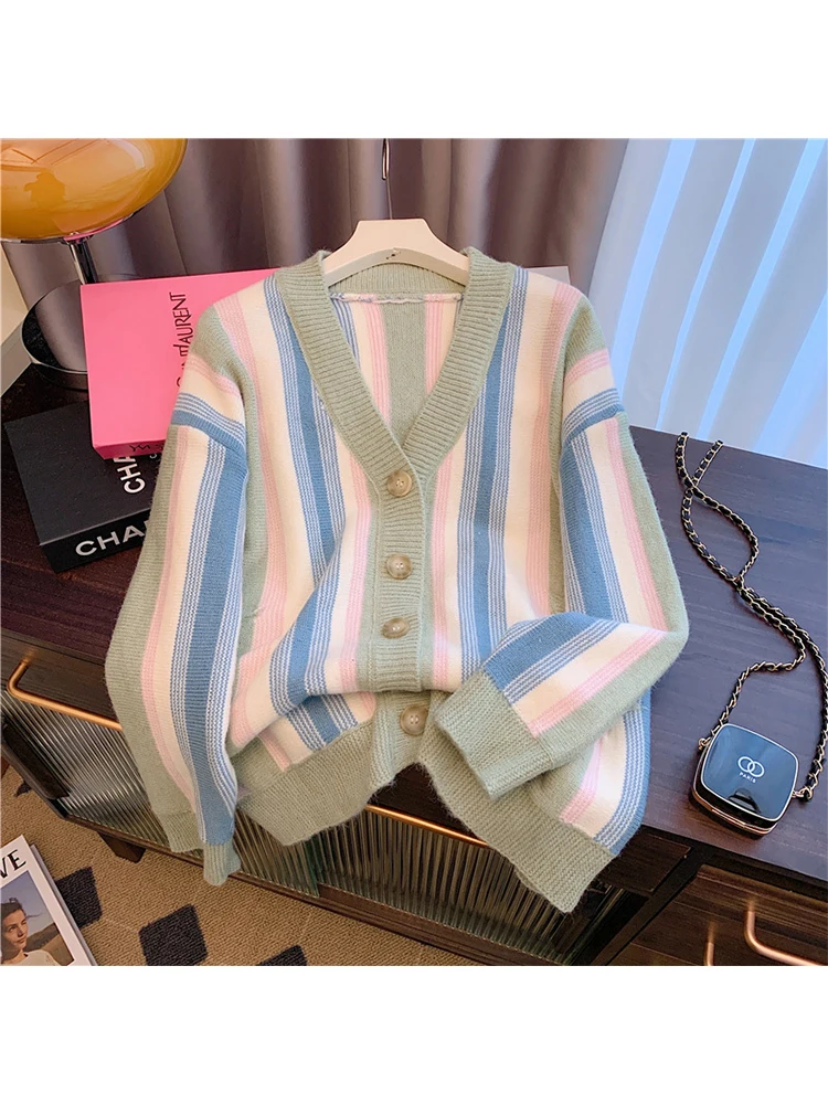 

Women's Striped Cardigan Knitted Sweater 2000s Harajuku Korean Fashion V-Neck Jumper Sweater 90s Aesthetic Y2k Vintage Clothes
